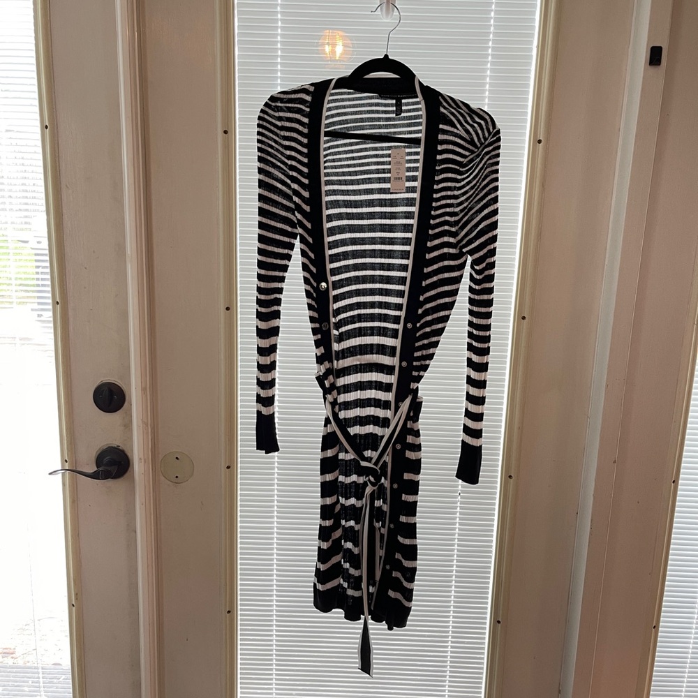 White House Black Market Black and White Striped Cardigan Sweater